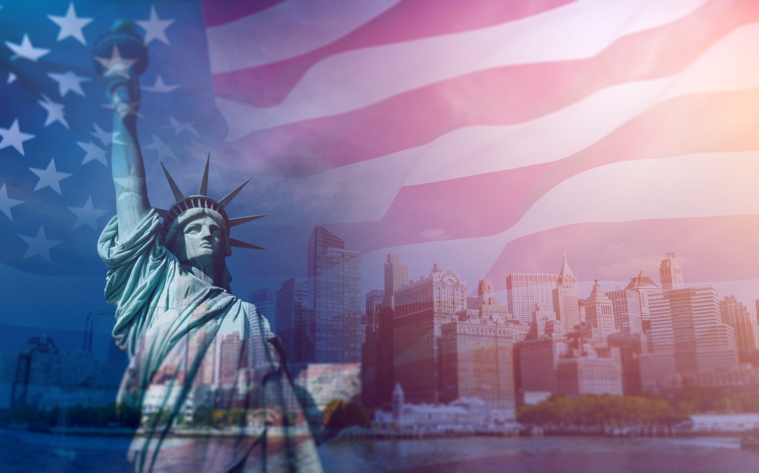 Double,Exposure,With,The,American,Flag,And,The,Statue,Of